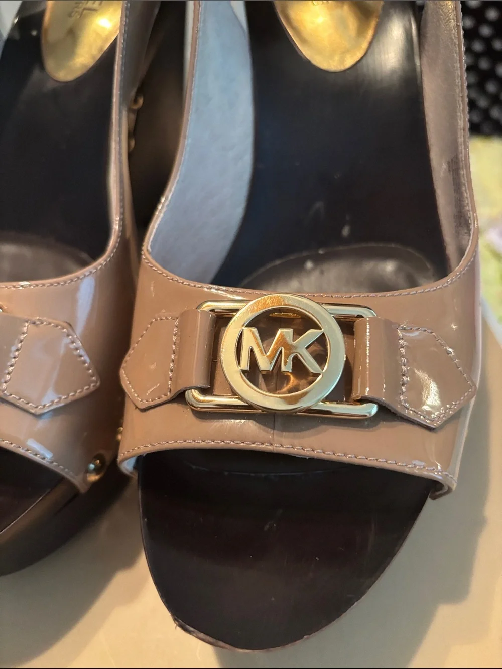 Michael Kors Tan Patent Leather Platform Slingback Sandals with Gold MK Hardware